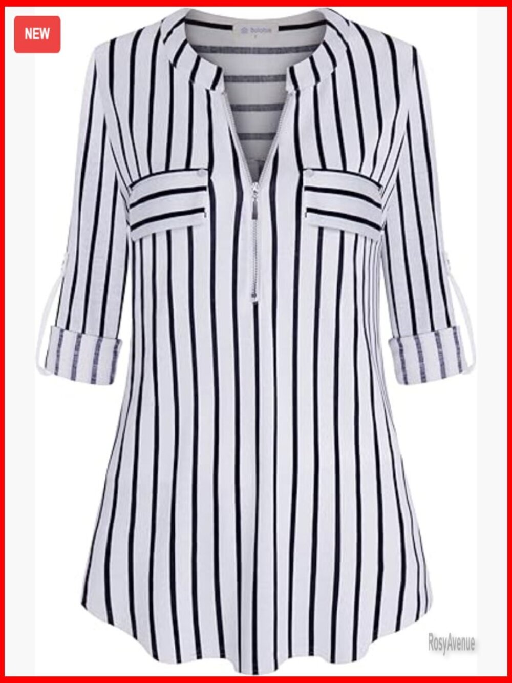 3/4 Sleeve Striped Tunic Blouse with Zipper V-Neck Collar
